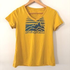 Patagonia Graphic T-Shirt V-Neck Short Sleeve Casual Top Tee‎ Yellow S